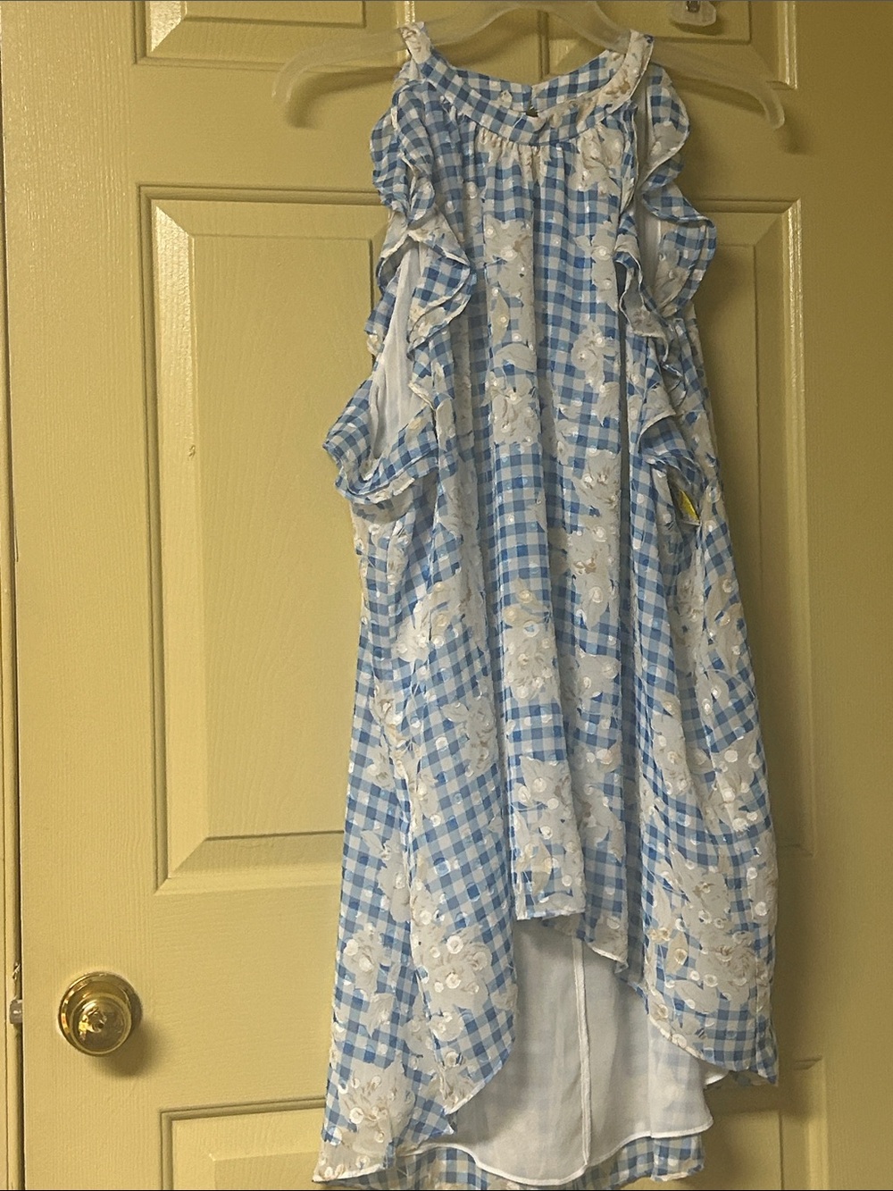 Sleeveless Blue Gingham Floral Ruffle Tank Top